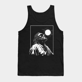 Silhouette of Jesus Wearing Glasses Looking Up at Solar Eclipse Tank Top